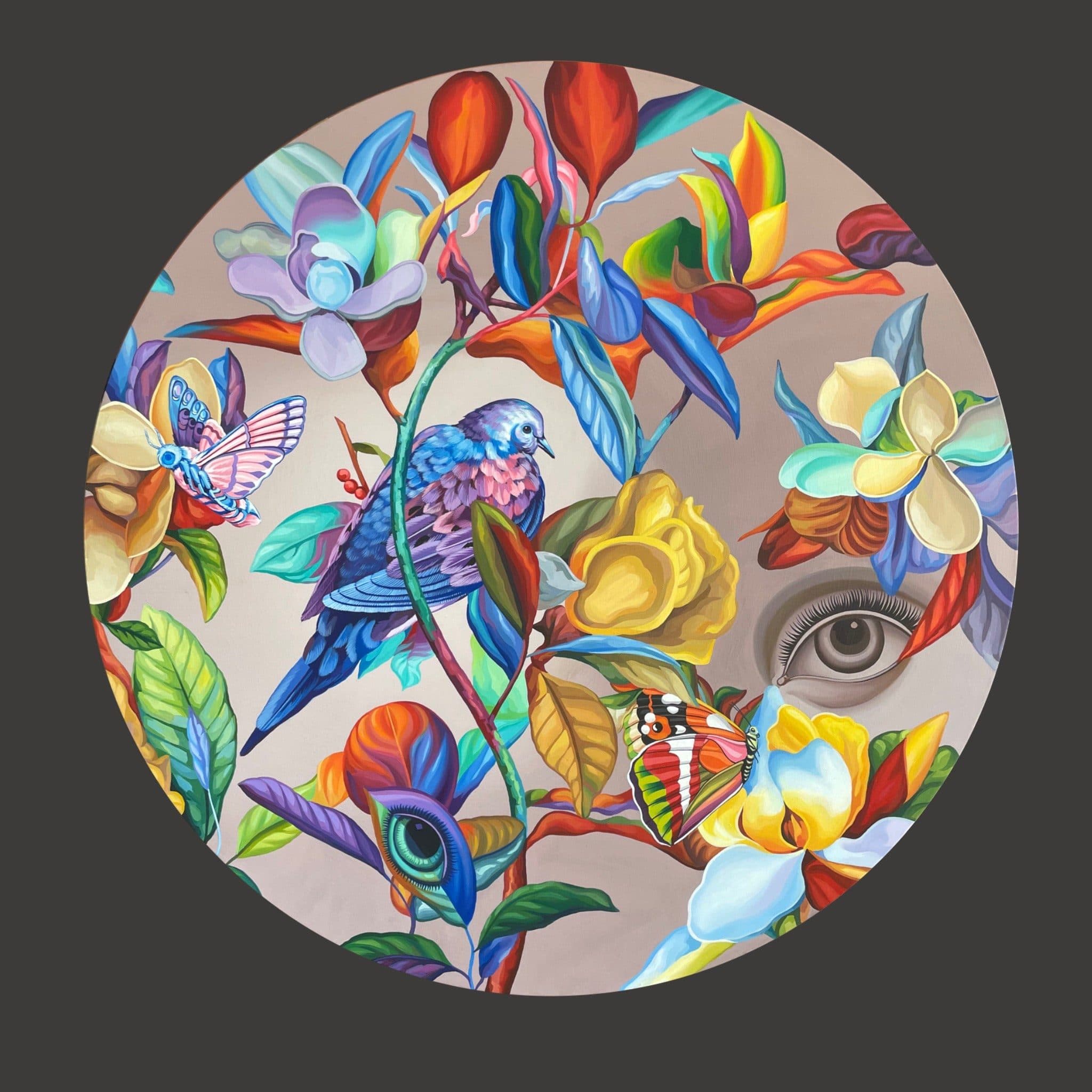 Circular coloring book page featuring vibrant multicolored flowers, butterflies, parakeet, and human eyes on beige background